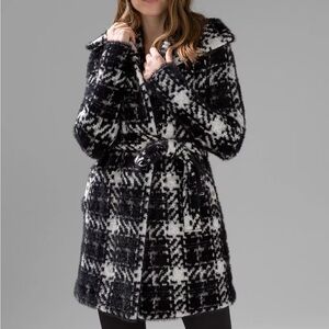 White House Black Market Black and White Plaid Sweater Coat Tweed Belt Sz XS